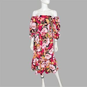 Vince‎ Camuto Pink and Orange Floral Puff Sleeve Tiered Midi Dress